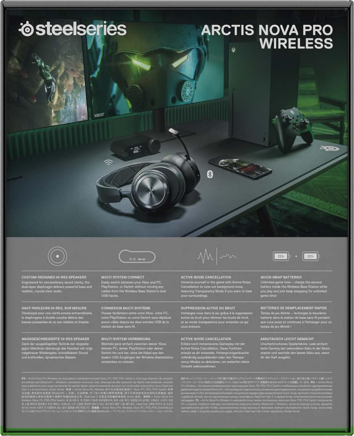 SteelSeries Arctis Nova Pro Wireless gameheadset, aansluiting op meerdere systemen, Neodymiummagneetdrivers, Actieve ruisonderdrukking, Infinity Power System, Xbox Series X|S, Xbox One, Windows 10/11