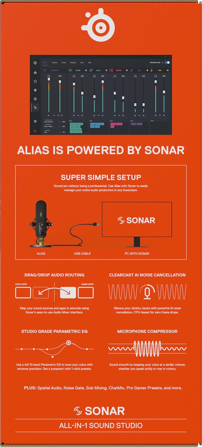 SteelSeries Alias USB-microfoon voor pc — 3x grotere capsule voor gaming, streaming en podcasting — AI-ruisonderdrukking — Ledstatuslampjes voor dempen en geluidsniveaus — Trillingsvrije standaard
