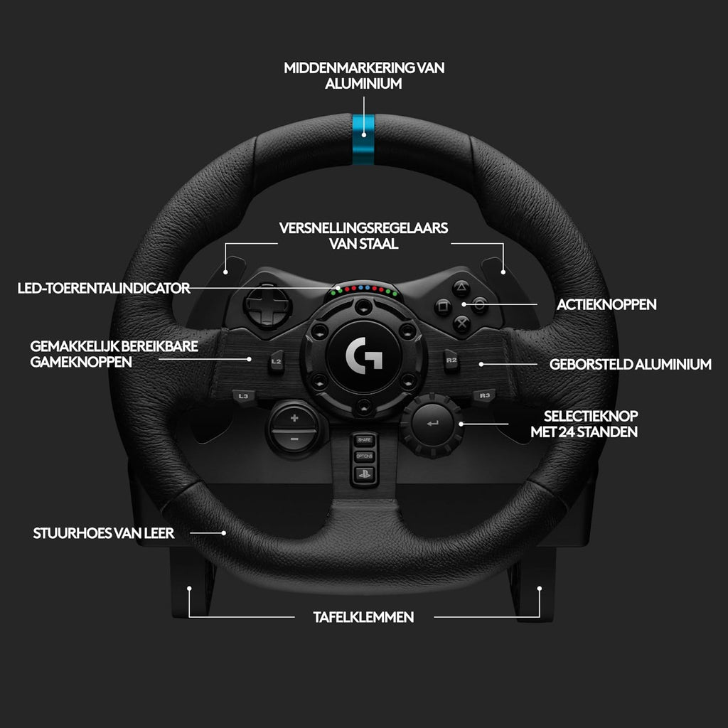 Logitech G G923-racestuur en -pedalen, TRUEFORCE tot een force feedback van 1000 Hz, responsief rijden, startregeling voor dubbele koppeling, stuurhoes van echt, voor PS5, PS4, pc, Mac - Zwart