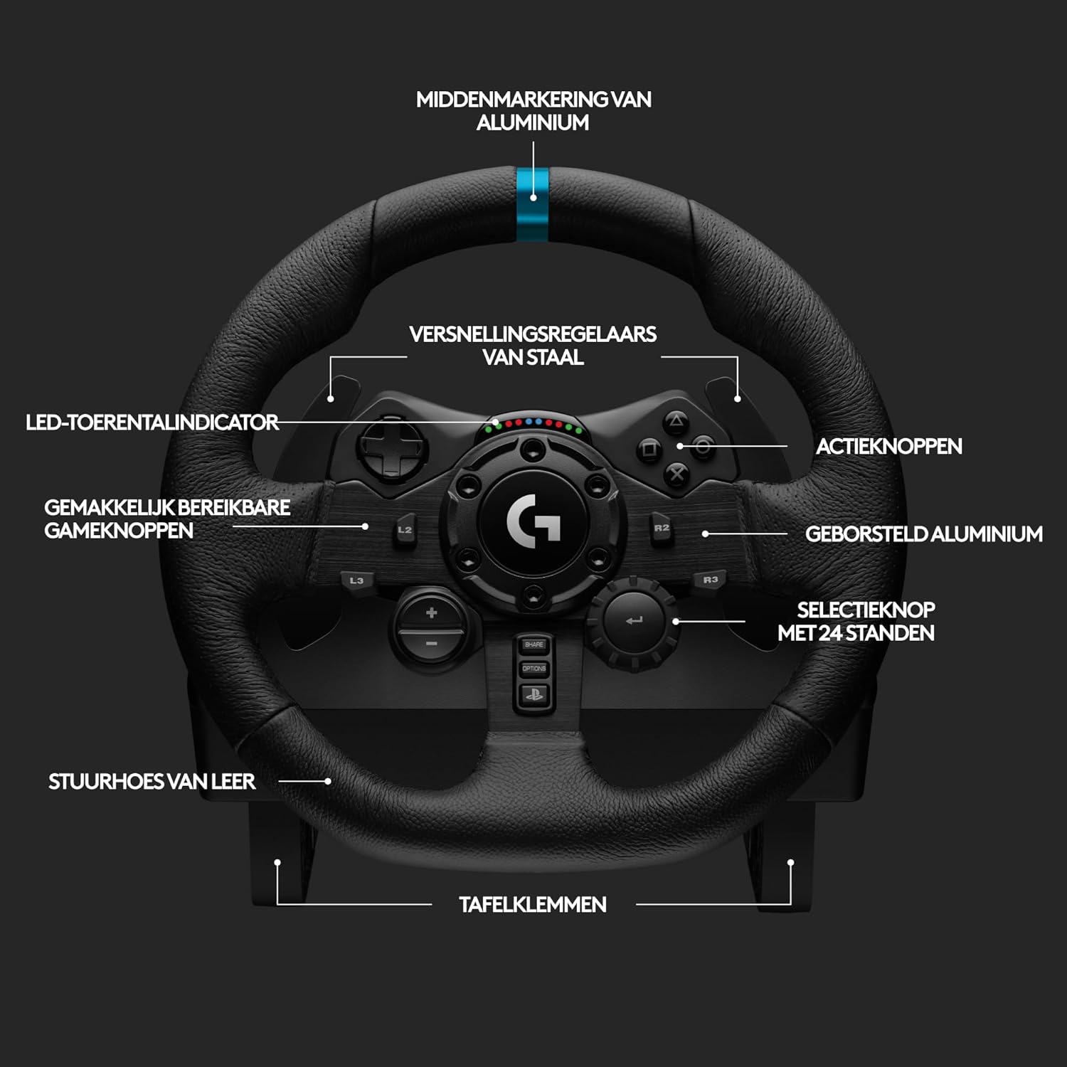 Logitech G G923-racestuur en -pedalen, TRUEFORCE tot een force feedback van 1000 Hz, responsief rijden, startregeling voor dubbele koppeling, stuurhoes van echt, voor PS5, PS4, pc, Mac - Zwart