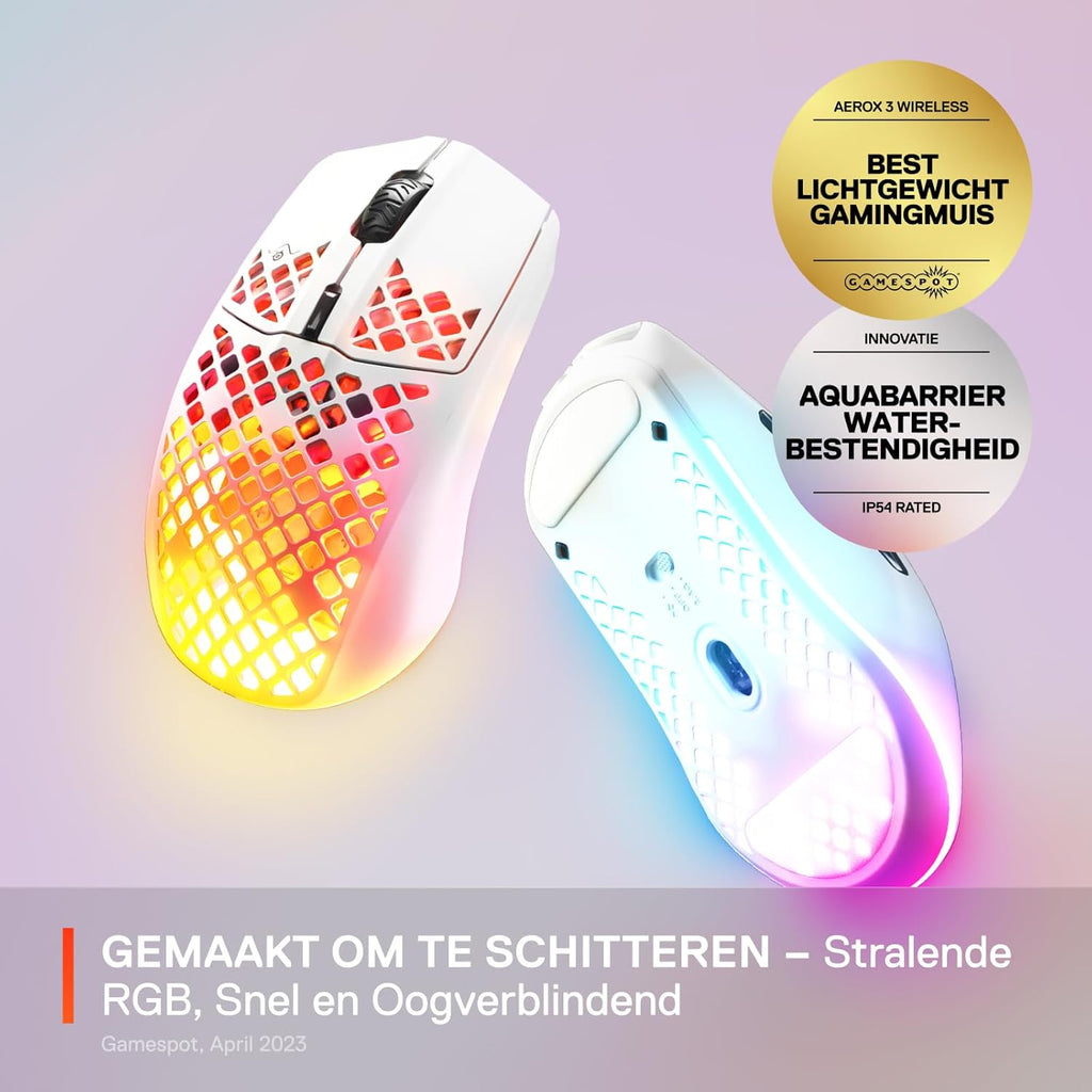 SteelSeries Aerox 3 - Geperforeerde RGB-gamingmuis - Ultralicht waterbestendig ontwerp - 8,500 DPI TrueMove Core optische sensor - Snow