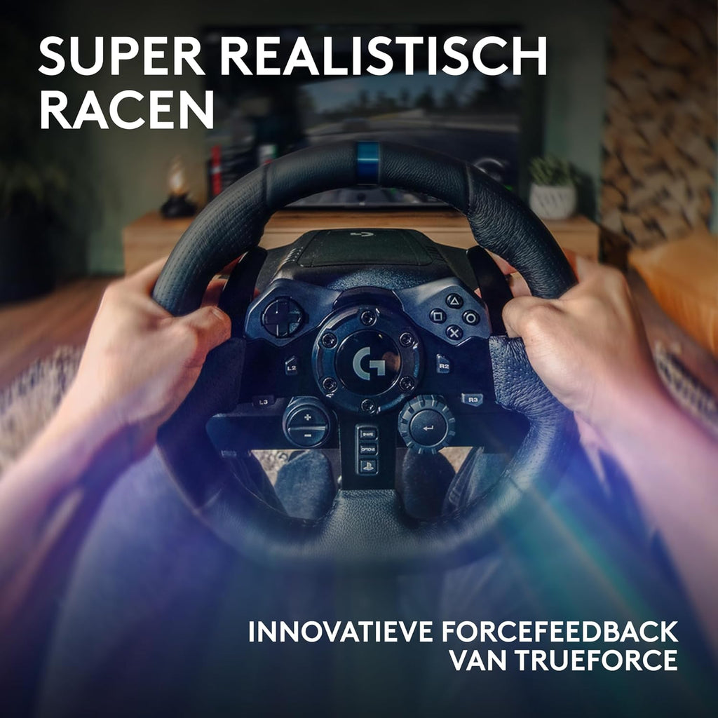 Logitech G G923-racestuur en -pedalen, TRUEFORCE tot een force feedback van 1000 Hz, responsief rijden, startregeling voor dubbele koppeling, stuurhoes van echt, voor PS5, PS4, pc, Mac - Zwart
