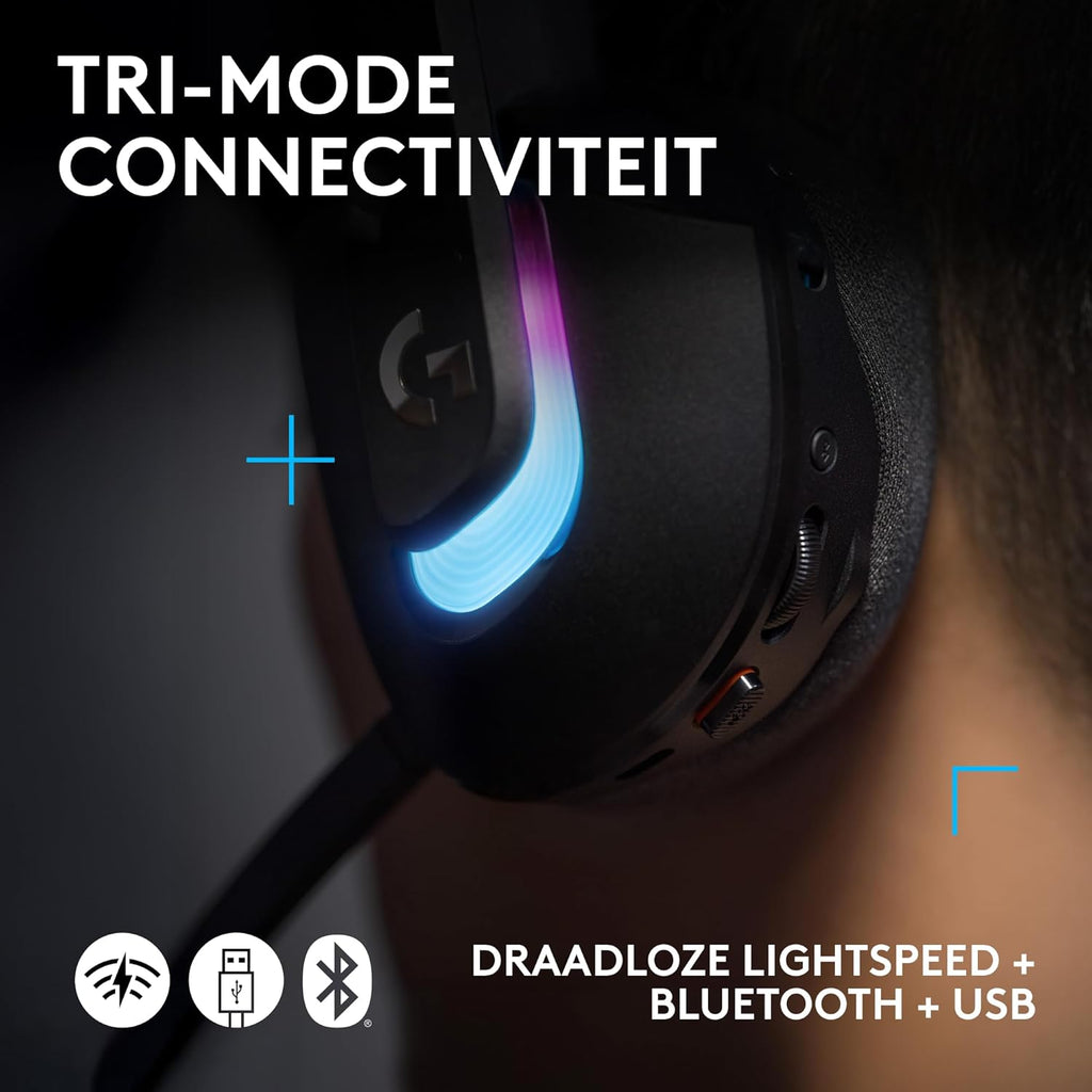 Logitech G522 LIGHTSPEED draadloze gaming headset, LIGHTSYNC RGB, microfoon en geavanceerde gesynchroniseerde audio, drievoudige connectiviteit - LIGHTSPEED, Bluetooth, USB-A naar USB-C voor pc -Zwart