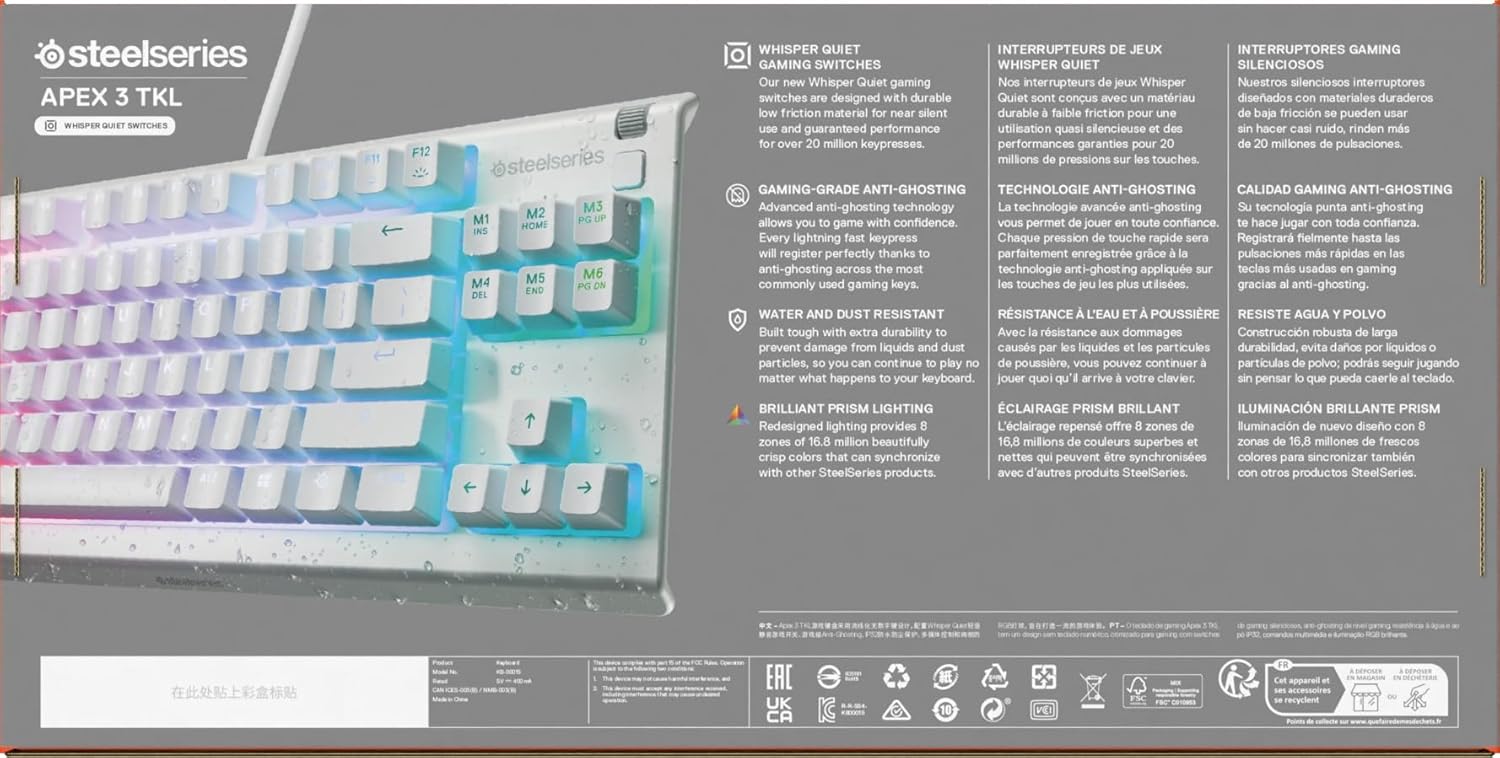 SteelSeries Apex 3 TKL - RGB-gamingtoetsenbord - Compact TKL-toetsenbord voor e-sports - 8-zone RGB-verlichting - Engels QWERTY Layout