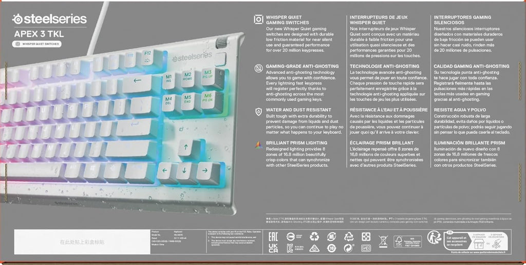 SteelSeries Apex 3 TKL - RGB-gamingtoetsenbord - Compact TKL-toetsenbord voor e-sports - 8-zone RGB-verlichting - Engels QWERTY Layout