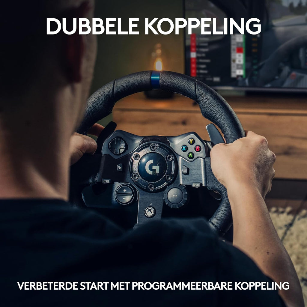 Logitech G G923-racestuur en -pedalen, TRUEFORCE tot een force feedback van 1000 Hz, responsief rijden, startregeling voor dubbele koppeling, stuurhoes van echt, voor PS5, PS4, pc, Mac - Zwart