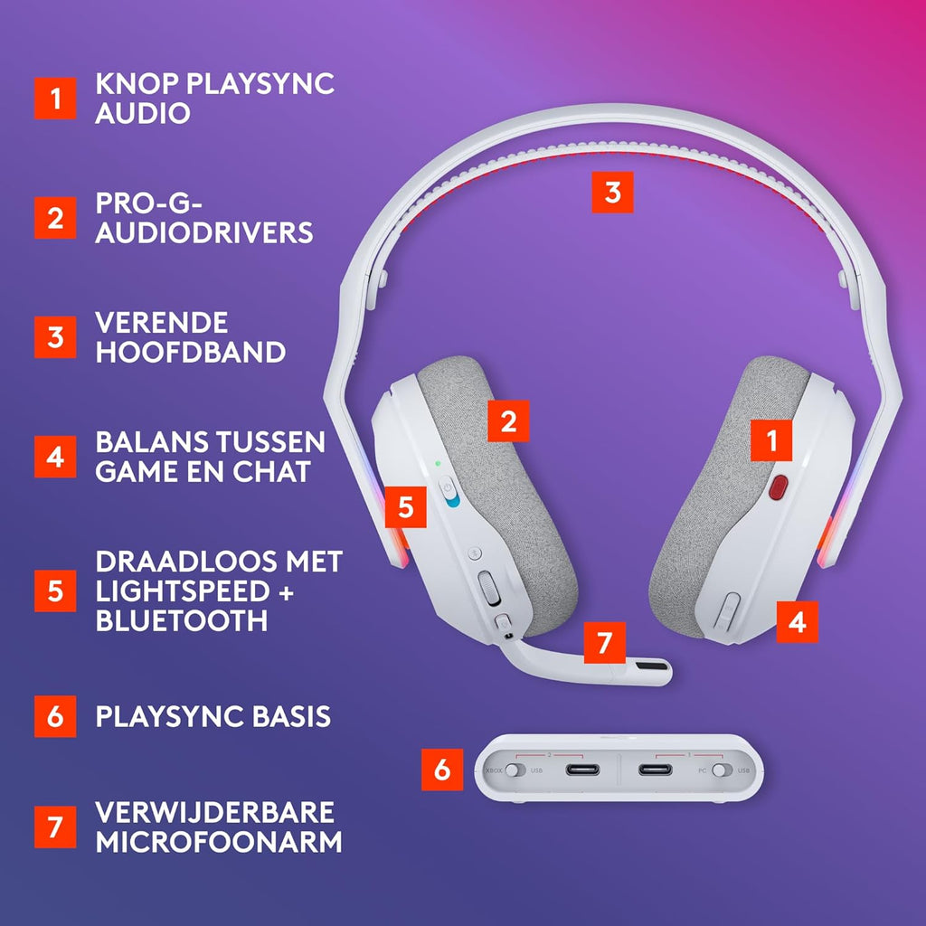 Logitech G Astro A50 X LIGHTSPEED trådlöst spelheadset + batteriladdare, PRO-G GRAPHENE, PLAYSYNC för Xbox Series X|S + PS5 + PC/Mac, Nintendo Switch 2, Bluetooth, HDMI 2.1 Passthru - Vit