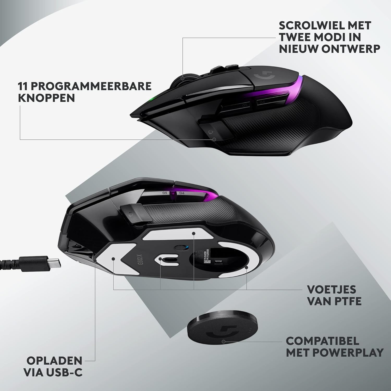 Logitech G502 X Bedrade Gamingmuis - LIGHTFORCE hybride, optisch-mechanische, primaire schakelaars, HERO 25K gaming sensor, voor PC - MacOS/Windows - Zwart