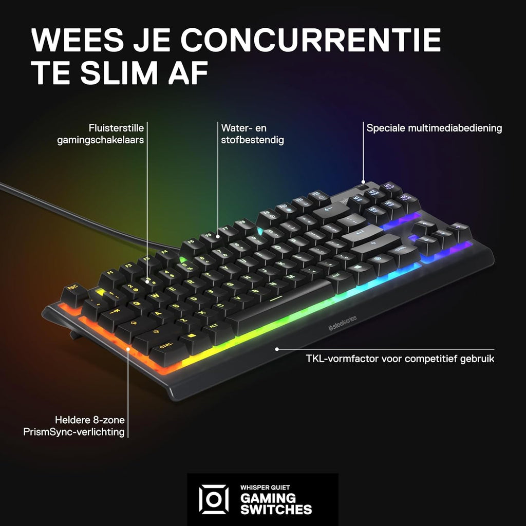 SteelSeries Apex 3 TKL - RGB-gamingtoetsenbord - Compact TKL-toetsenbord voor e-sports - 8-zone RGB-verlichting - Engels QWERTY Layout