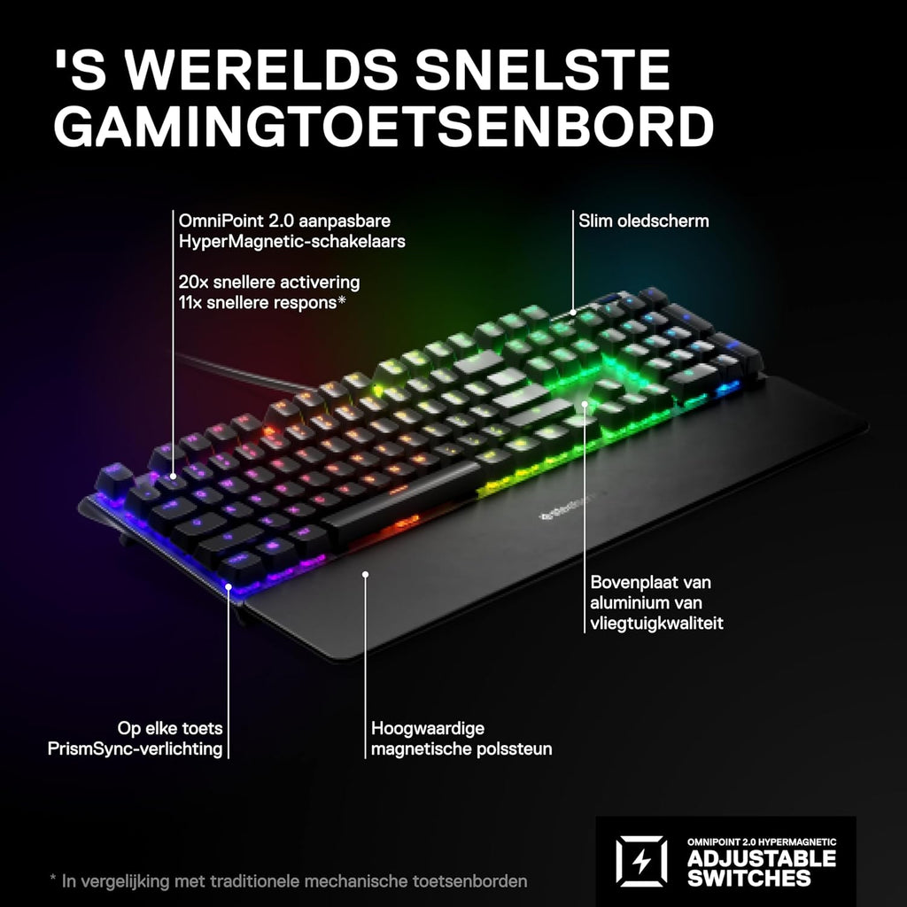 SteelSeries Apex Pro Mini Gen 3 OmniPoint 3.0 HyperMagnetic-schakelaars - Verstelbare activering - Rapid Trigger - Presets voor games - Protection Mode - Rapid Tap/SOCD - RGB - PBT-keycaps - UK QWERTY