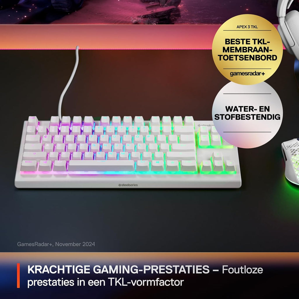 SteelSeries Apex 3 TKL - RGB-gamingtoetsenbord - Compact TKL-toetsenbord voor e-sports - 8-zone RGB-verlichting - Engels QWERTY Layout