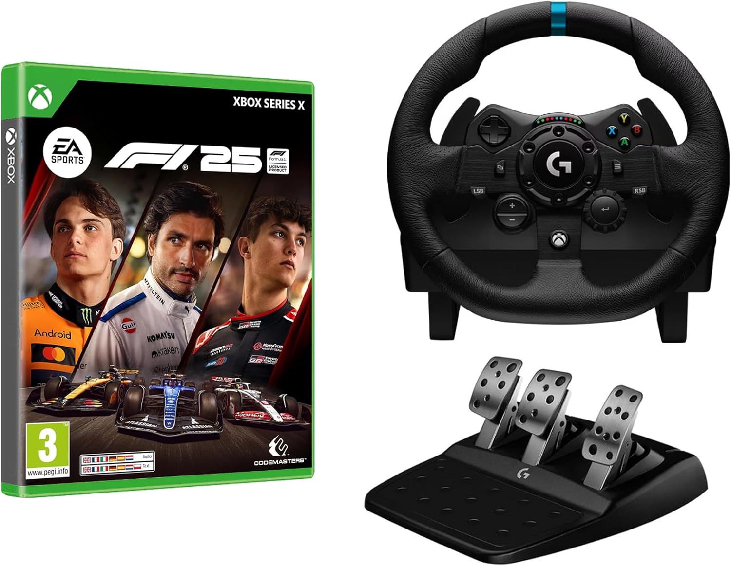 Logitech G G923-racestuur en -pedalen, TRUEFORCE tot een force feedback van 1000 Hz, responsief rijden, startregeling voor dubbele koppeling, stuurhoes van echt, voor PS5, PS4, pc, Mac - Zwart