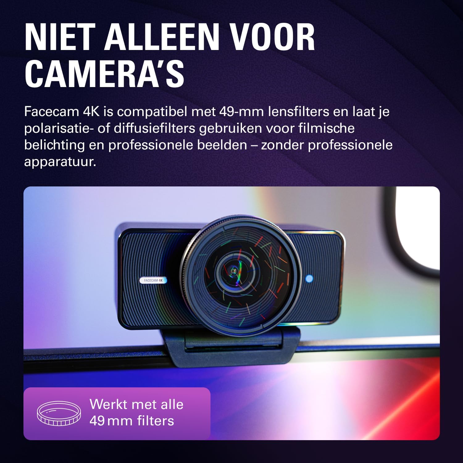 Elgato Facecam 4K – 4K60-studiowebcam, DSLR-achtige bediening, filmische effecten, 49 mm-objectieffilters, HDR, ongecomprimeerde video, geoptimaliseerd scherpstelgebied | USB-C voor pc & Mac