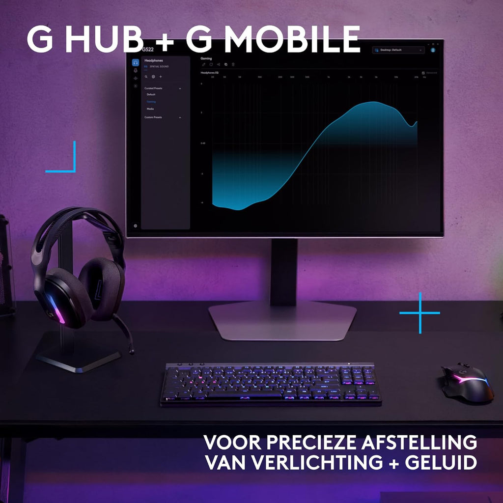 Logitech G522 LIGHTSPEED draadloze gaming headset, LIGHTSYNC RGB, microfoon en geavanceerde gesynchroniseerde audio, drievoudige connectiviteit - LIGHTSPEED, Bluetooth, USB-A naar USB-C voor pc -Zwart