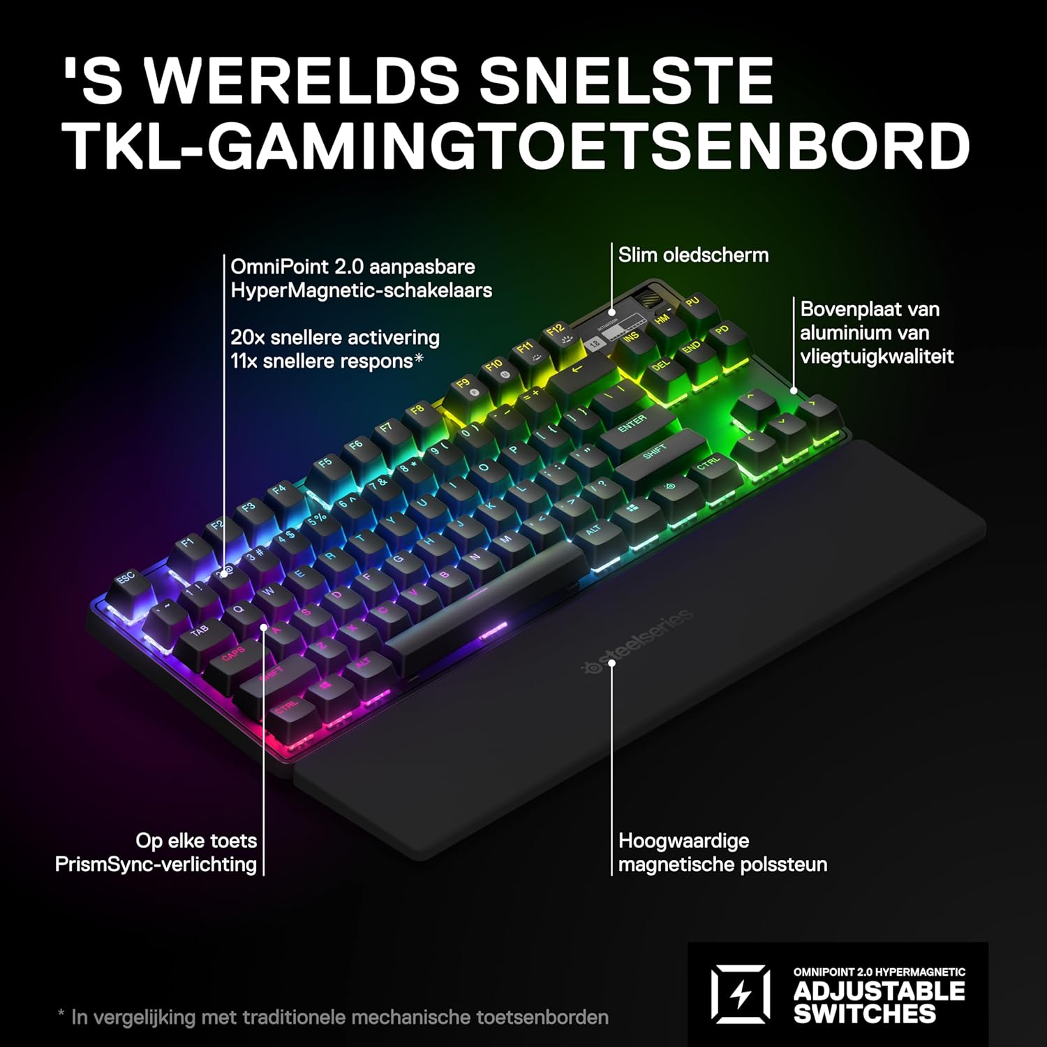 SteelSeries Apex Pro Mini Gen 3 OmniPoint 3.0 HyperMagnetic-schakelaars - Verstelbare activering - Rapid Trigger - Presets voor games - Protection Mode - Rapid Tap/SOCD - RGB - PBT-keycaps - UK QWERTY