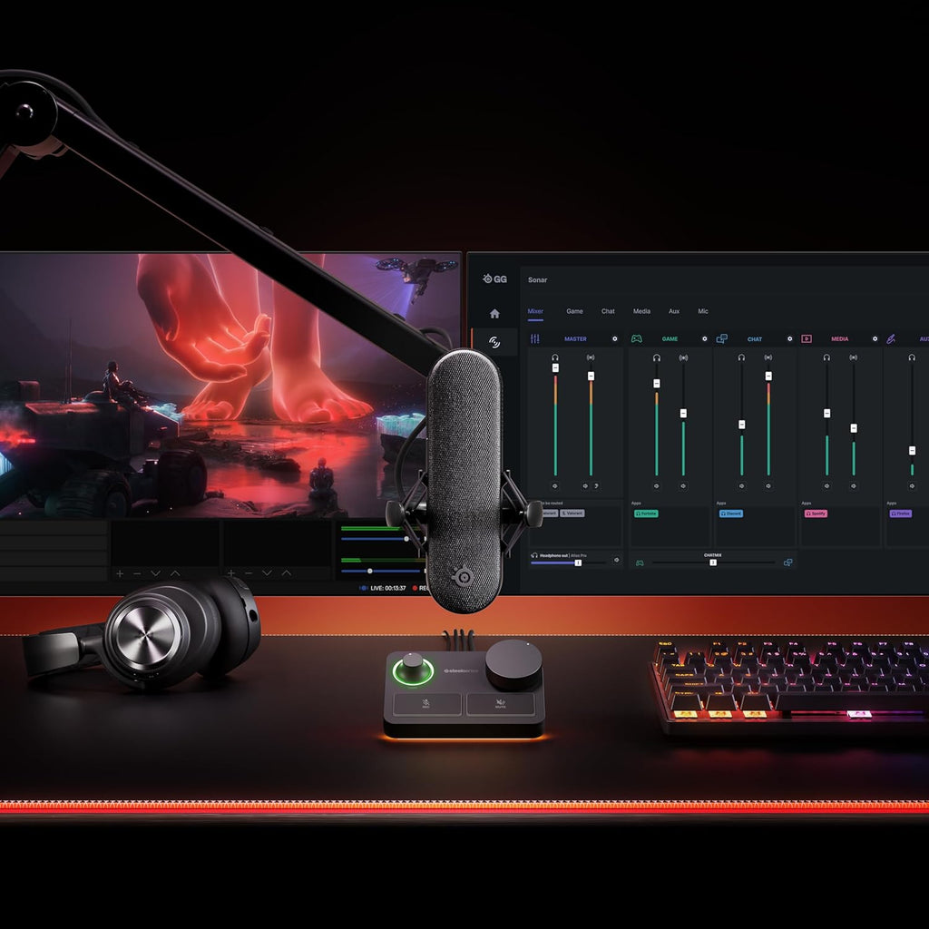 SteelSeries Alias USB-microfoon voor pc — 3x grotere capsule voor gaming, streaming en podcasting — AI-ruisonderdrukking — Ledstatuslampjes voor dempen en geluidsniveaus — Trillingsvrije standaard
