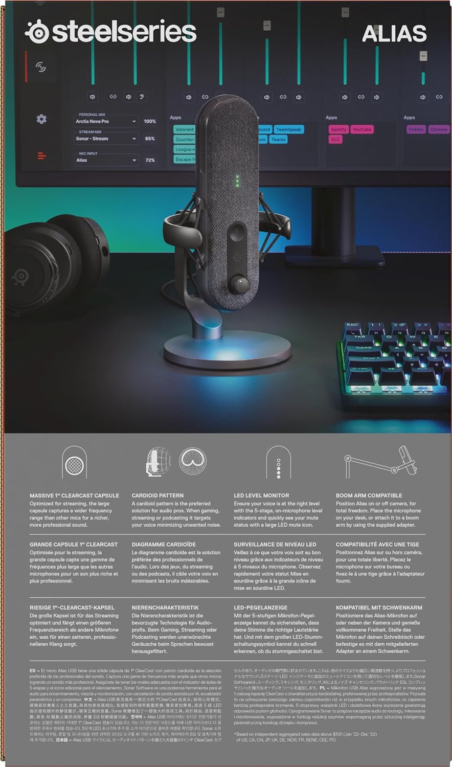 SteelSeries Alias USB-microfoon voor pc — 3x grotere capsule voor gaming, streaming en podcasting — AI-ruisonderdrukking — Ledstatuslampjes voor dempen en geluidsniveaus — Trillingsvrije standaard