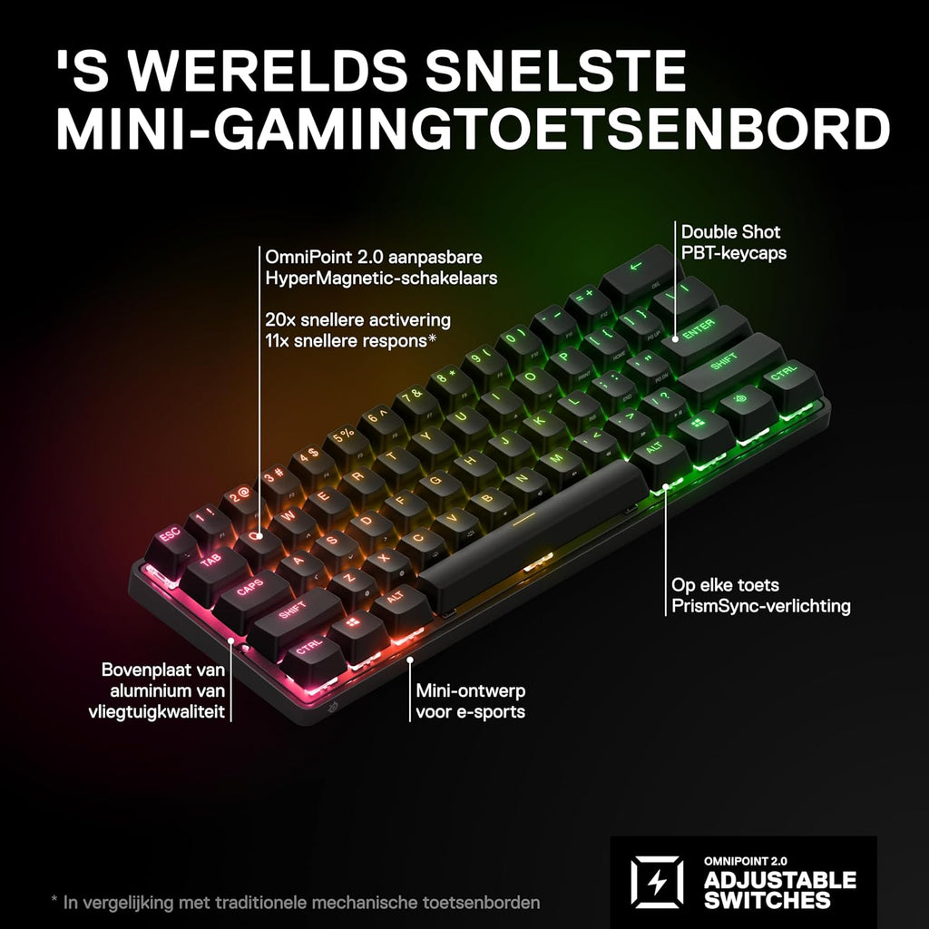 SteelSeries Apex Pro Mini Gen 3 OmniPoint 3.0 HyperMagnetic-schakelaars - Verstelbare activering - Rapid Trigger - Presets voor games - Protection Mode - Rapid Tap/SOCD - RGB - PBT-keycaps - UK QWERTY
