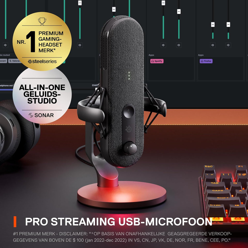 SteelSeries Alias USB-microfoon voor pc — 3x grotere capsule voor gaming, streaming en podcasting — AI-ruisonderdrukking — Ledstatuslampjes voor dempen en geluidsniveaus — Trillingsvrije standaard