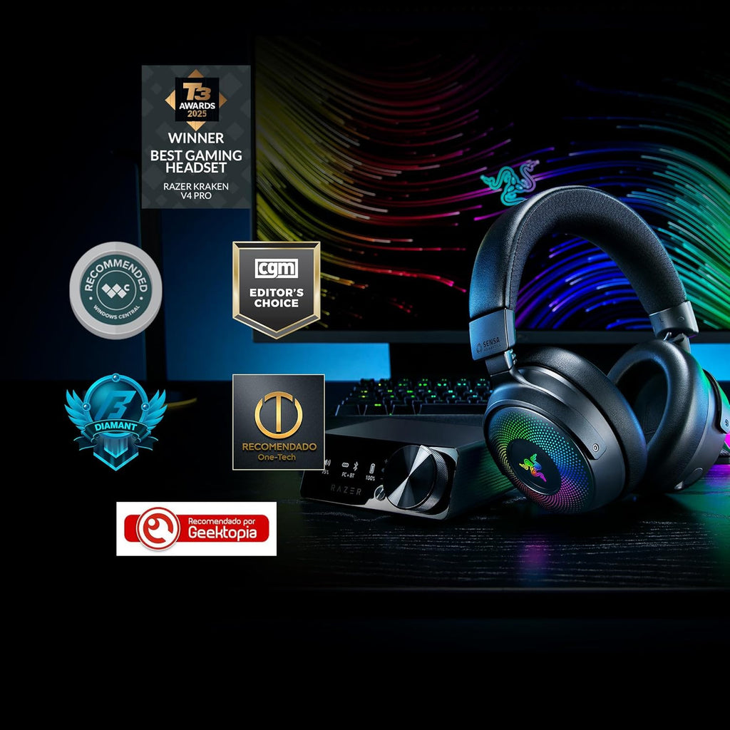 Razer Kraken V4 - Draadloze Gaming Headset (3 Modes Connectiviteit, TriForce 40mm Drivers, 9-Zone RGB Earcup Verlichting, Mix & Volume aanpassingen, THX Spatial Audio) Zwart