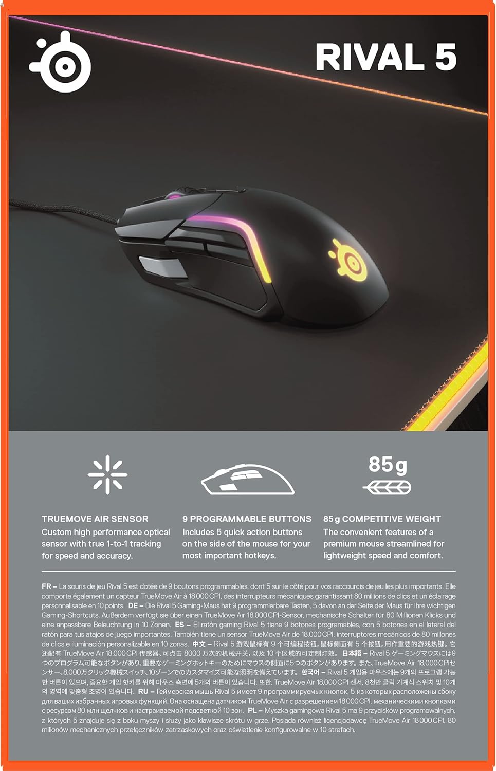 SteelSeries Rival 5 — gamingmuis — FPS, MOBA, MMO, Battle Royale — 18.000 CPI TrueMove Air optische sensor — 9 programmeerbare knoppen — 85 g competitief gewicht, zwart