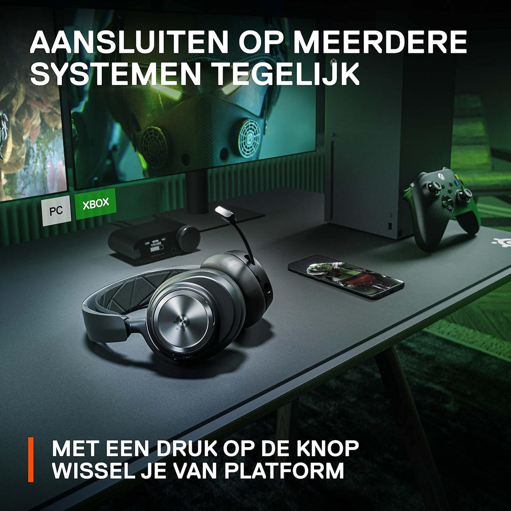 SteelSeries Arctis Nova Pro Wireless gameheadset, aansluiting op meerdere systemen, Neodymiummagneetdrivers, Actieve ruisonderdrukking, Infinity Power System, Xbox Series X|S, Xbox One, Windows 10/11