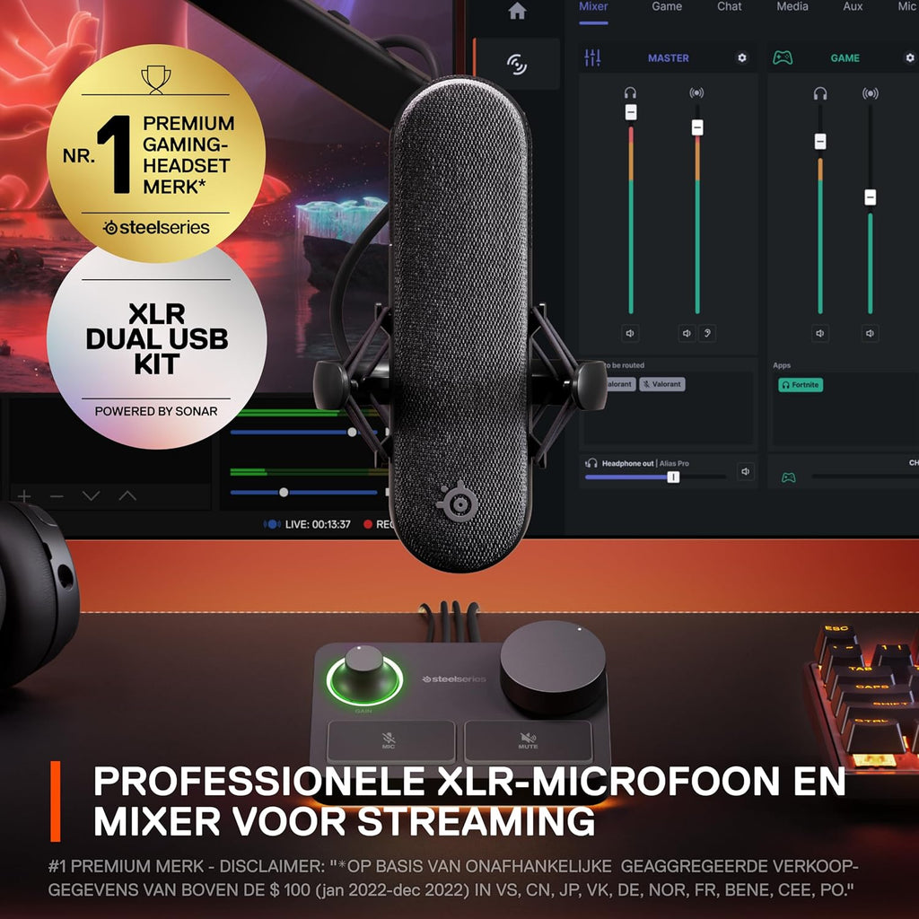 SteelSeries Alias USB-microfoon voor pc — 3x grotere capsule voor gaming, streaming en podcasting — AI-ruisonderdrukking — Ledstatuslampjes voor dempen en geluidsniveaus — Trillingsvrije standaard
