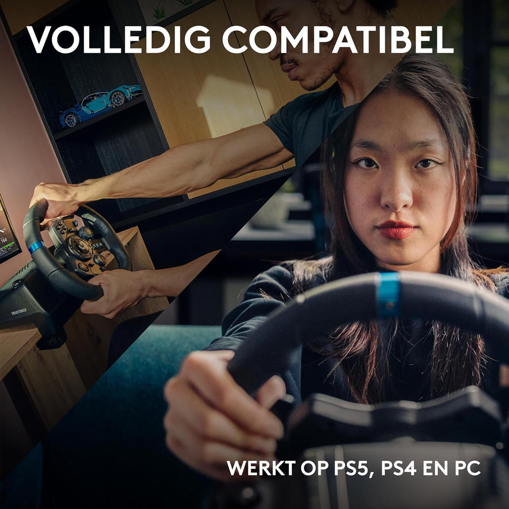 Logitech G G923-racestuur en -pedalen, TRUEFORCE tot een force feedback van 1000 Hz, responsief rijden, startregeling voor dubbele koppeling, stuurhoes van echt, voor PS5, PS4, pc, Mac - Zwart