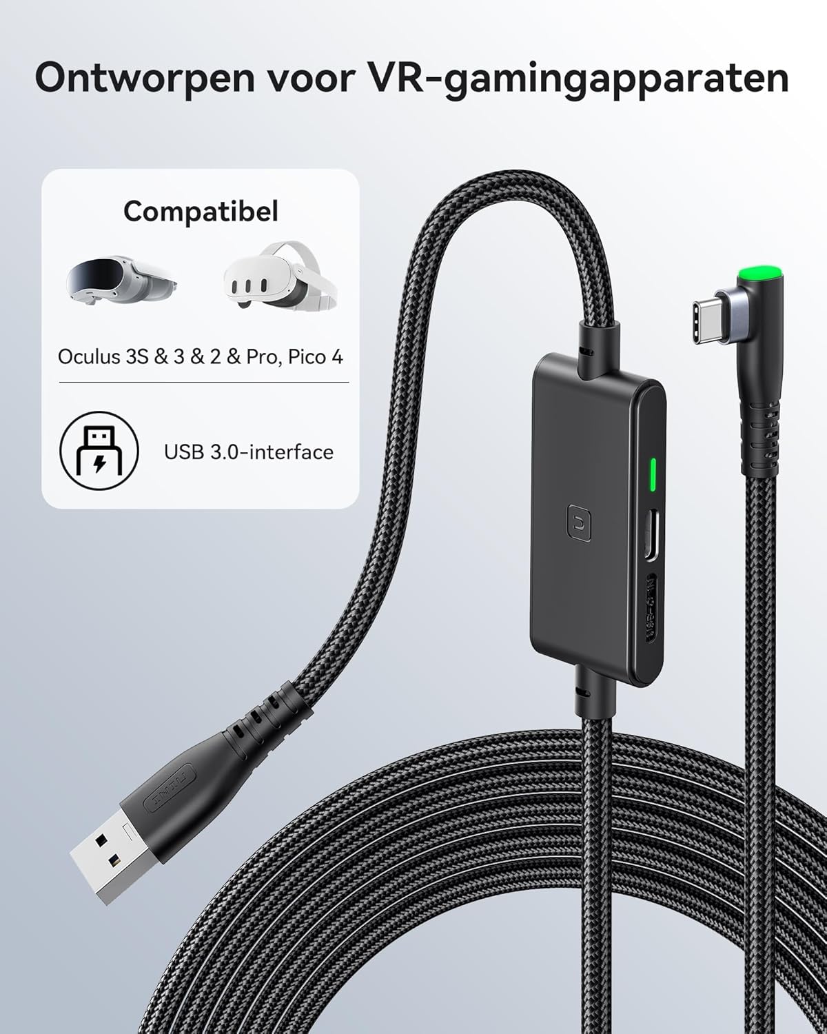 INIU Link-kabel, 5 m, compatibel met Meta/Oculus Quest 3/2/Pro en Pico 4 Steam VR/gaming-pc, snelle gegevensoverdracht, USB A 3.0 naar USB C Lnk-kabel voor VR-headset, aparte USB-C-aansluiting