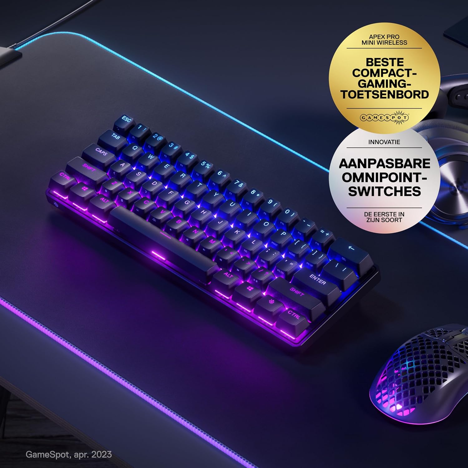 SteelSeries Apex Pro Mini Gen 3 OmniPoint 3.0 HyperMagnetic-schakelaars - Verstelbare activering - Rapid Trigger - Presets voor games - Protection Mode - Rapid Tap/SOCD - RGB - PBT-keycaps - UK QWERTY
