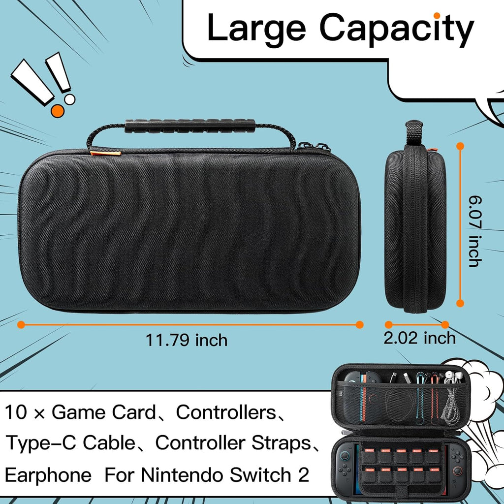 JETech Dragen Case voor Nintendo Switch 2 (2025) 7,9 Inch, Draagbare Reistas met Harde Schaal met 10 Gamekaartsleuven en Accessoires Zakje, Lichtgewicht Krasbestendige Bescherming (Zwart)