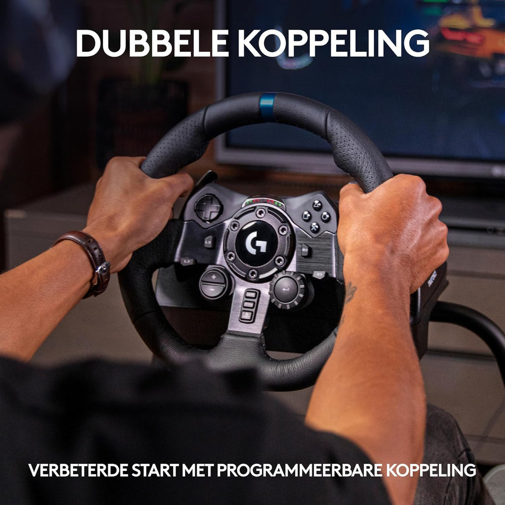 Logitech G G923-racestuur en -pedalen, TRUEFORCE tot een force feedback van 1000 Hz, responsief rijden, startregeling voor dubbele koppeling, stuurhoes van echt, voor PS5, PS4, pc, Mac - Zwart