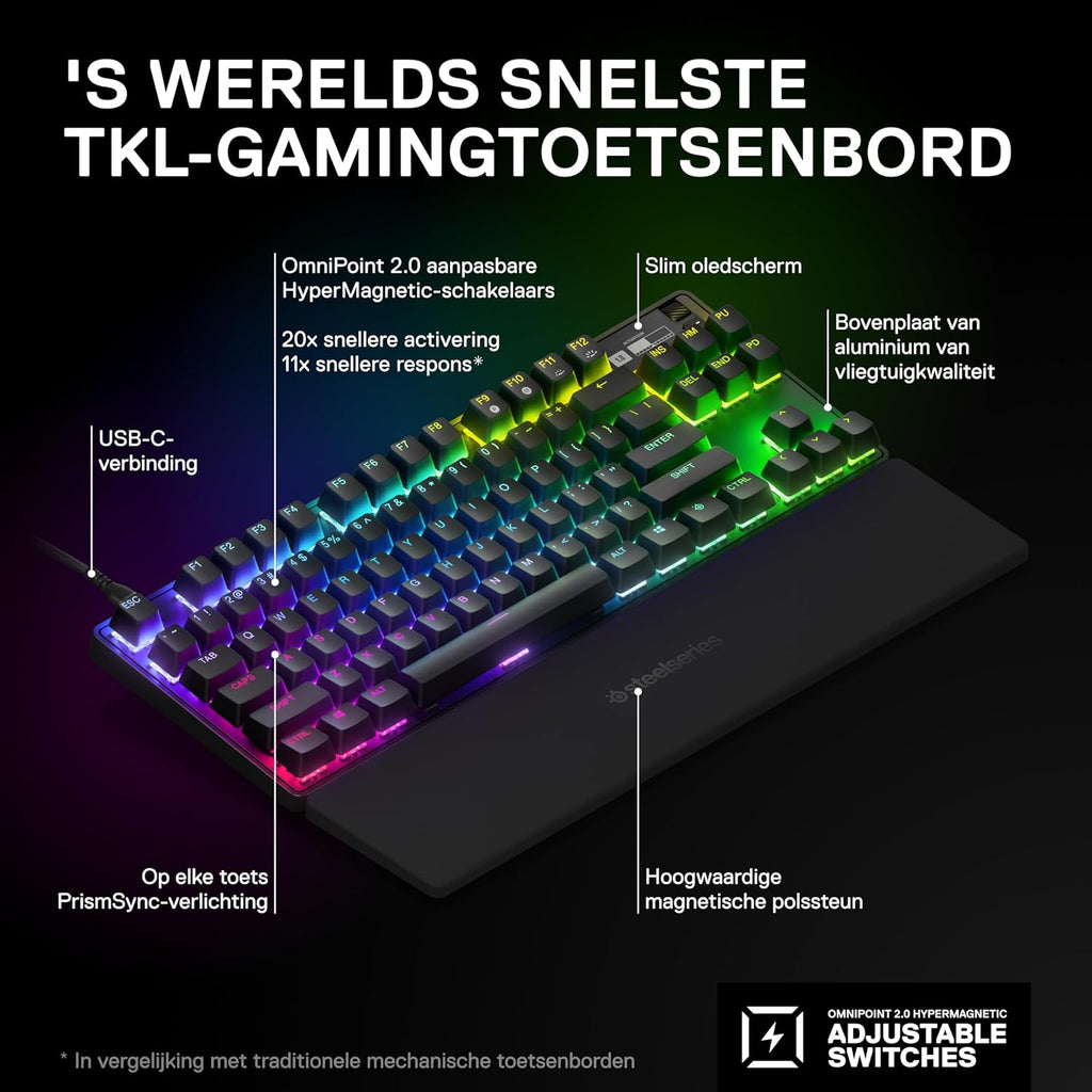 SteelSeries Apex Pro Mini Gen 3 OmniPoint 3.0 HyperMagnetic-schakelaars - Verstelbare activering - Rapid Trigger - Presets voor games - Protection Mode - Rapid Tap/SOCD - RGB - PBT-keycaps - UK QWERTY