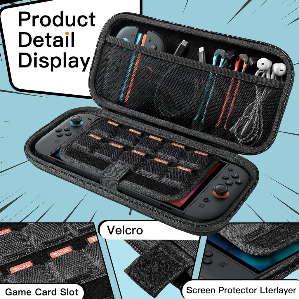 JETech Dragen Case voor Nintendo Switch 2 (2025) 7,9 Inch, Draagbare Reistas met Harde Schaal met 10 Gamekaartsleuven en Accessoires Zakje, Lichtgewicht Krasbestendige Bescherming (Zwart)